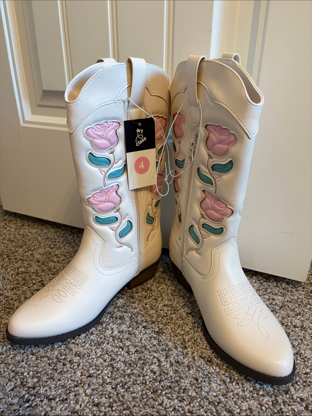 art class Cream Western Floral Embroidered Kids Boots